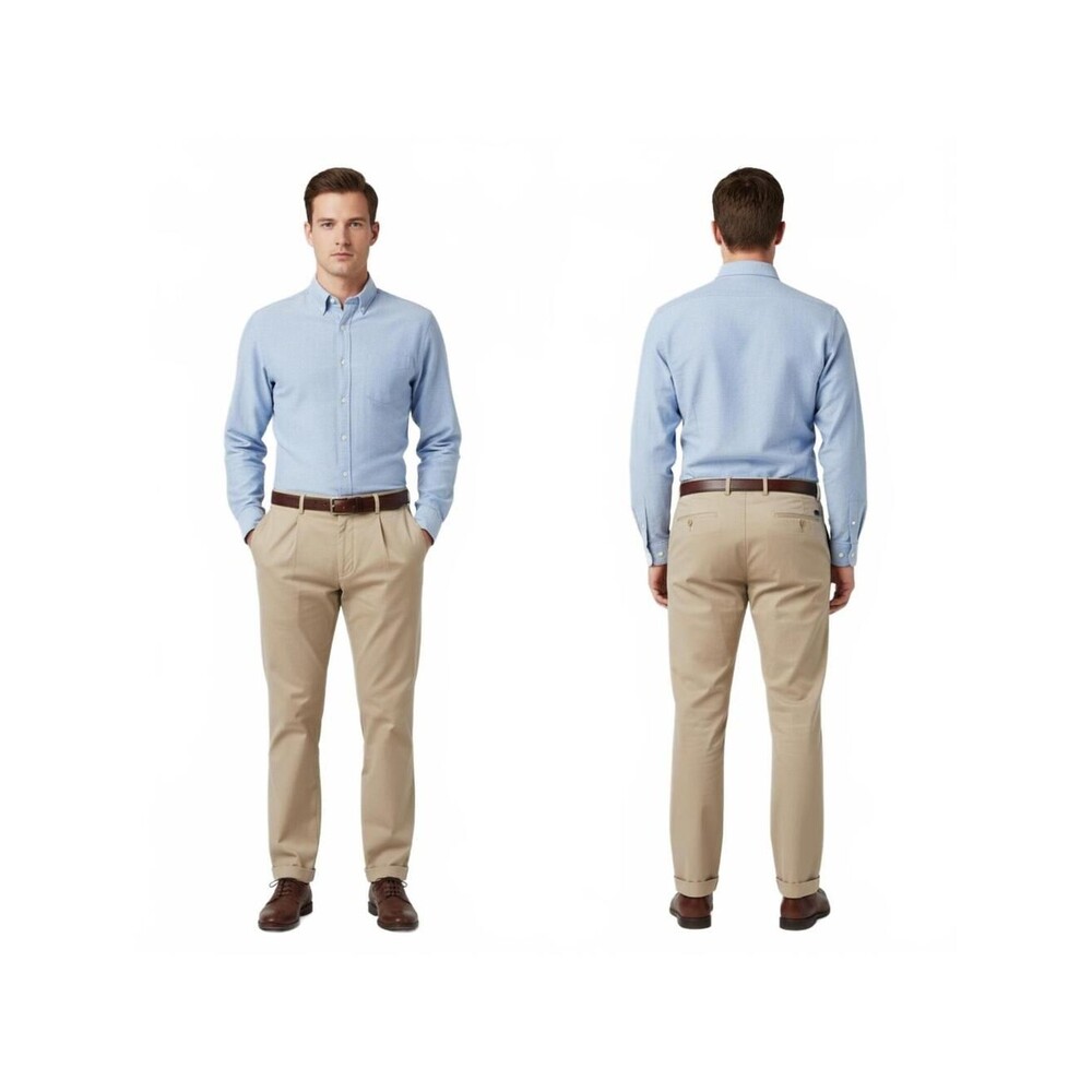 Merona Mens Khaki Flat Front Pleated Cotton Pants Size 40x32 Casual Dress Chinos